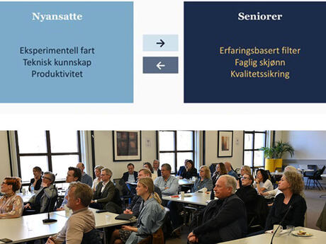 Presentasjon om samspill mellom nyansatte og seniorer: fart og teknisk kunnskap møter erfaring og kvalitetssikring. Under sitter et publikum og følger foredraget i et møterom.