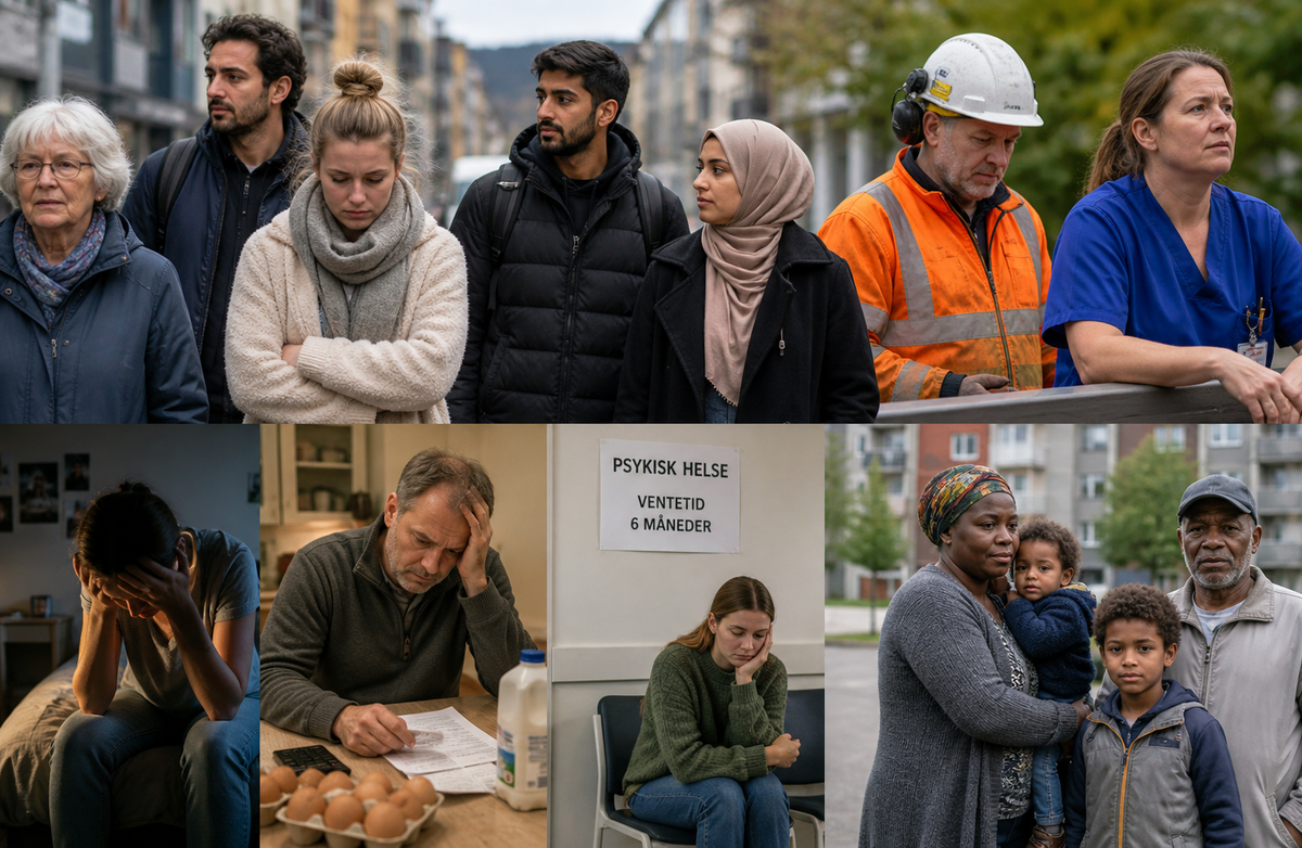 En mosaikk med utsatte grupper i forskjellige arbeidssituasjoner.