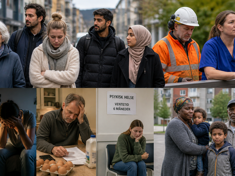 En mosaikk med utsatte grupper i forskjellige arbeidssituasjoner.