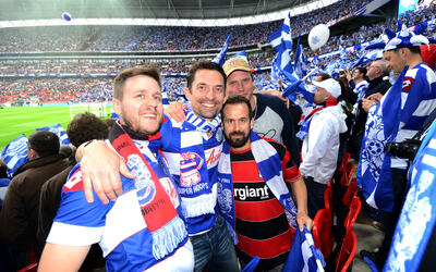 Scandinavian QPR fans celebrating the playoff win at Wembley in 2014. Photo: Allan Klo