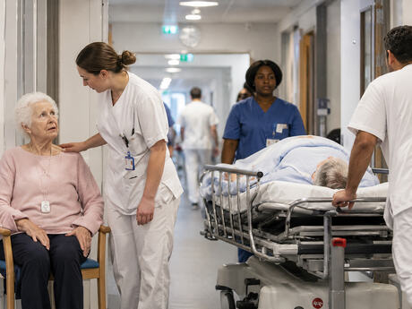 Eldre kvinne får omsorg av helsepersonell i en travel sykehuskorridor, mens en pasient på båre trilles forbi. Bildet viser press på sykehuset og behov for bedre kommunale tjenester.