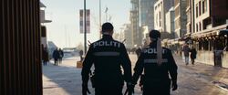 To personer fra politiet sett bakfra i et bylandskap.