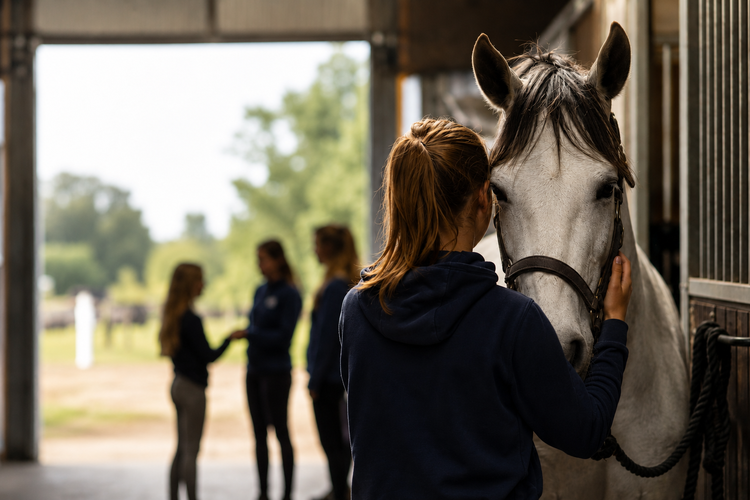 Jente og hest i stall
