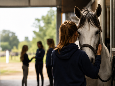 Jente og hest i stall