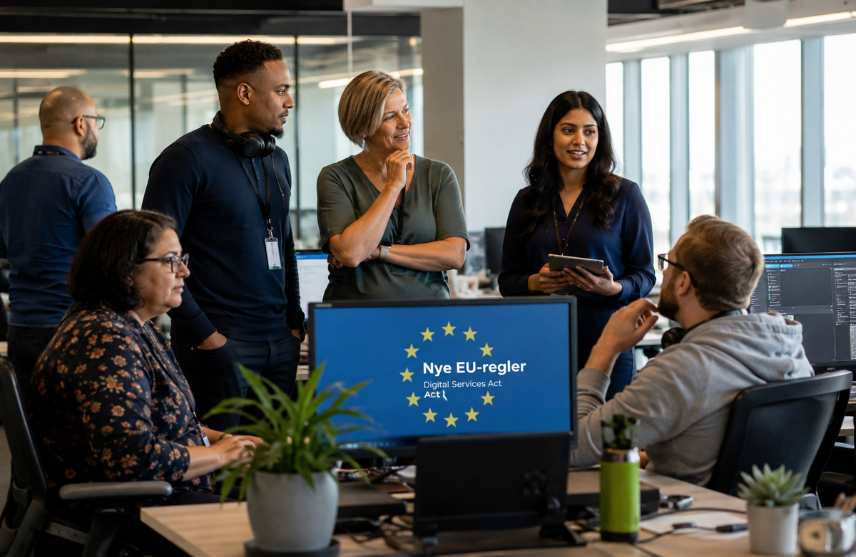 Moderne kontorscene med diskusjon og teknologi. EU-flagget vises på en skjerm