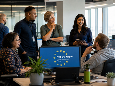 Moderne kontorscene med diskusjon og teknologi. EU-flagget vises på en skjerm