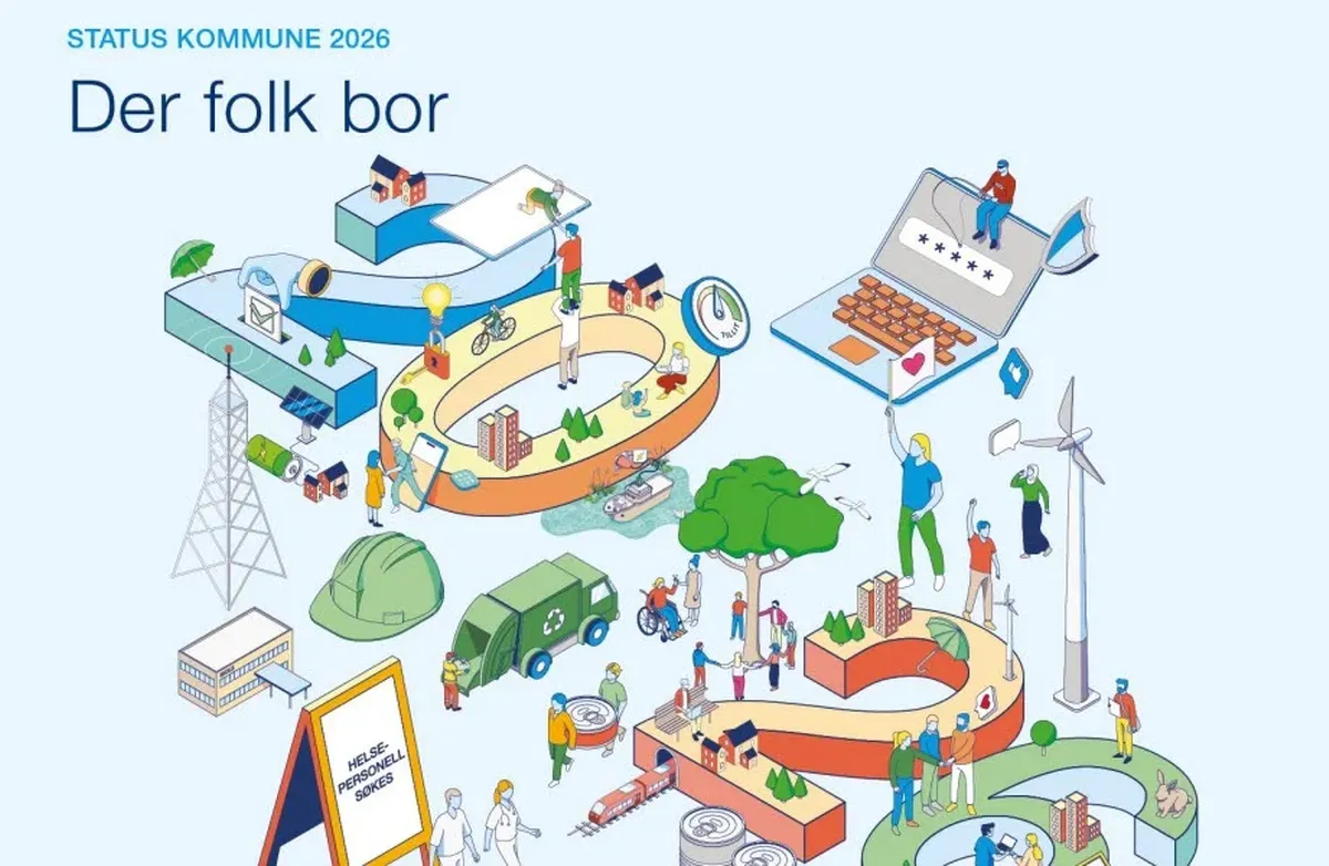 Rapporten Status Kommune 2026 gir et oppdatert bilde av tilstanden i norske kommuner og fylker – en samlet oversikt og kunnskapsbank over fakta på over 150 områder i kommuner og fylkeskommuner. Illustrasjon: Bly Tegning fra forsiden av rapporten med tittel, mennesker, kommunal infrastruktur etc
