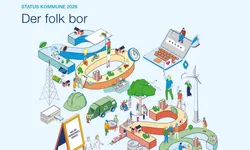 Tegning fra forsiden av rapporten med tittel, mennesker, kommunal infrastruktur etc