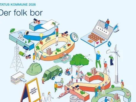 Tegning fra forsiden av rapporten med tittel, mennesker, kommunal infrastruktur etc
