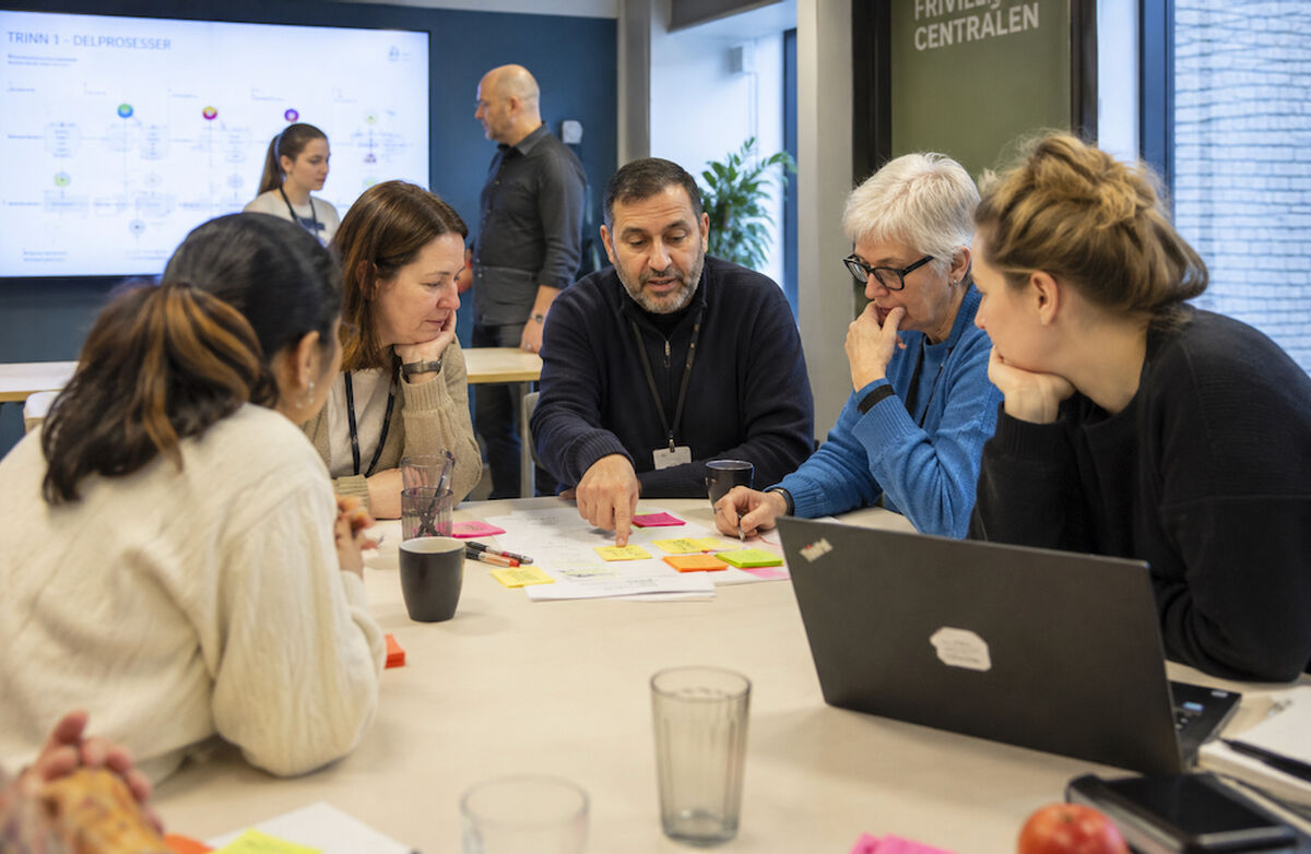 Planleggingsmøte i et moderne kontor. Menn og kvinner samlet rundt et bord, gule lapper. Personer ved en tavle i bakgrunnen.