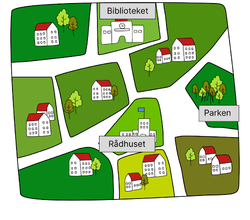 Et enkelt kart over deler av en by, det et par sentrale bygninger er navngitt.