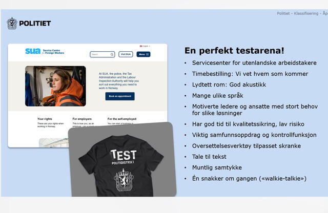 – Vi har valgt SUA fordi det er en lavrisikoarena. Vi har god tid til å kvalitetssikre underveis i samtalen, sa Hauge. Foto: Klipp fra presentasjonen på Teams SUA som perfekt testarena