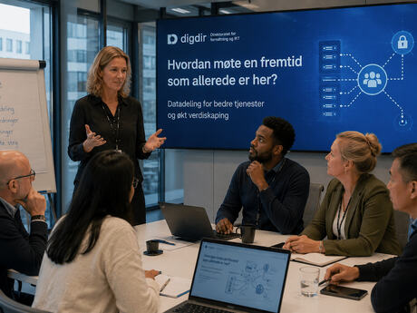 En gruppe fagfolk diskuterer datadeling og fremtidens digitale tjenester. En kvinne presenterer foran en skjerm, mens deltakerne følger med rundt møtebordet.