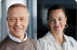To portrettbilder side om side: en smilende eldre mann i genser og skjorte, og en smilende kvinne med oppsatt hår, øredobber og lys mønstret skjorte.