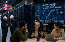 Norsk datasenter med serverrack, kontrollrom og ansatte i arbeid. Bildet illustrerer nasjonal kontroll over data, kunstig intelligens og kritisk digital infrastruktur.
