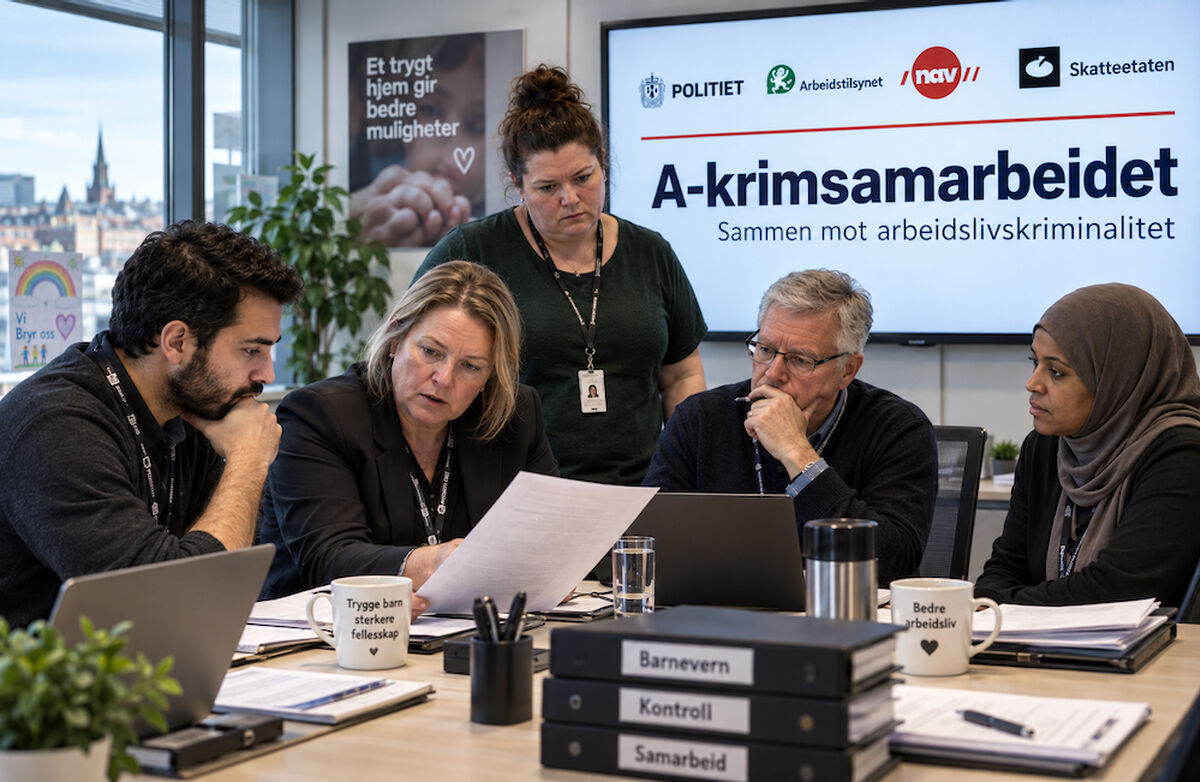 Et møtebord med flere fagpersoner som gjennomgår dokumenter. På skjermen bak vises logoene til Politiet, Arbeidstilsynet, Nav og Skatteetaten under A-krimsamarbeidet.