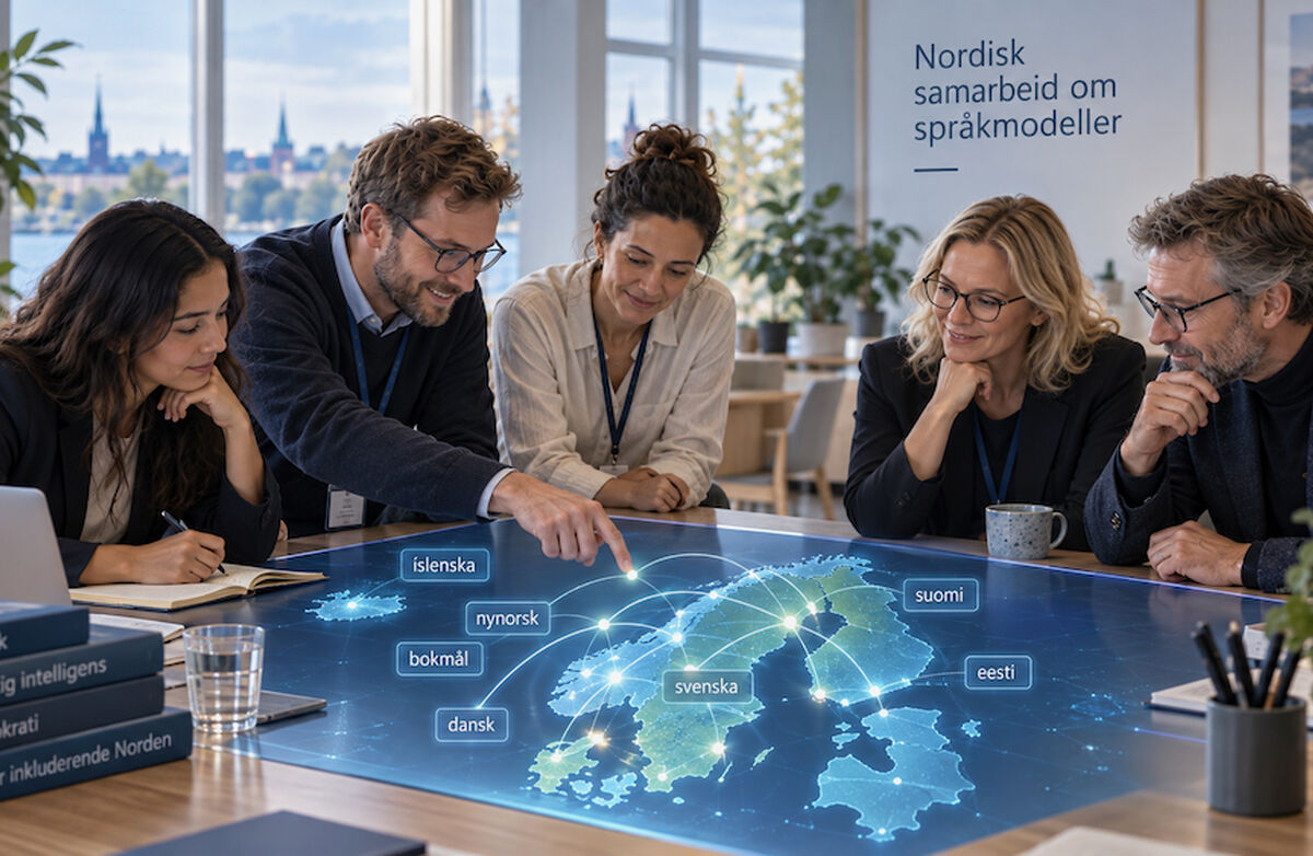 Språkrådet ser svært positivt på et nordisk språkmodellsamarbeid, og det er mange grunner til å tro at et slikt samarbeid på nordisk nivå vil være fruktbart i en urolig verden. Foto: KI-generert Nordisk samarbeid over språkkartet