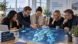 Språkrådet ser svært positivt på et nordisk språkmodellsamarbeid, og det er mange grunner til å tro at et slikt samarbeid på nordisk nivå vil være fruktbart i en urolig verden. Foto: KI-generert Nordisk samarbeid over språkkartet