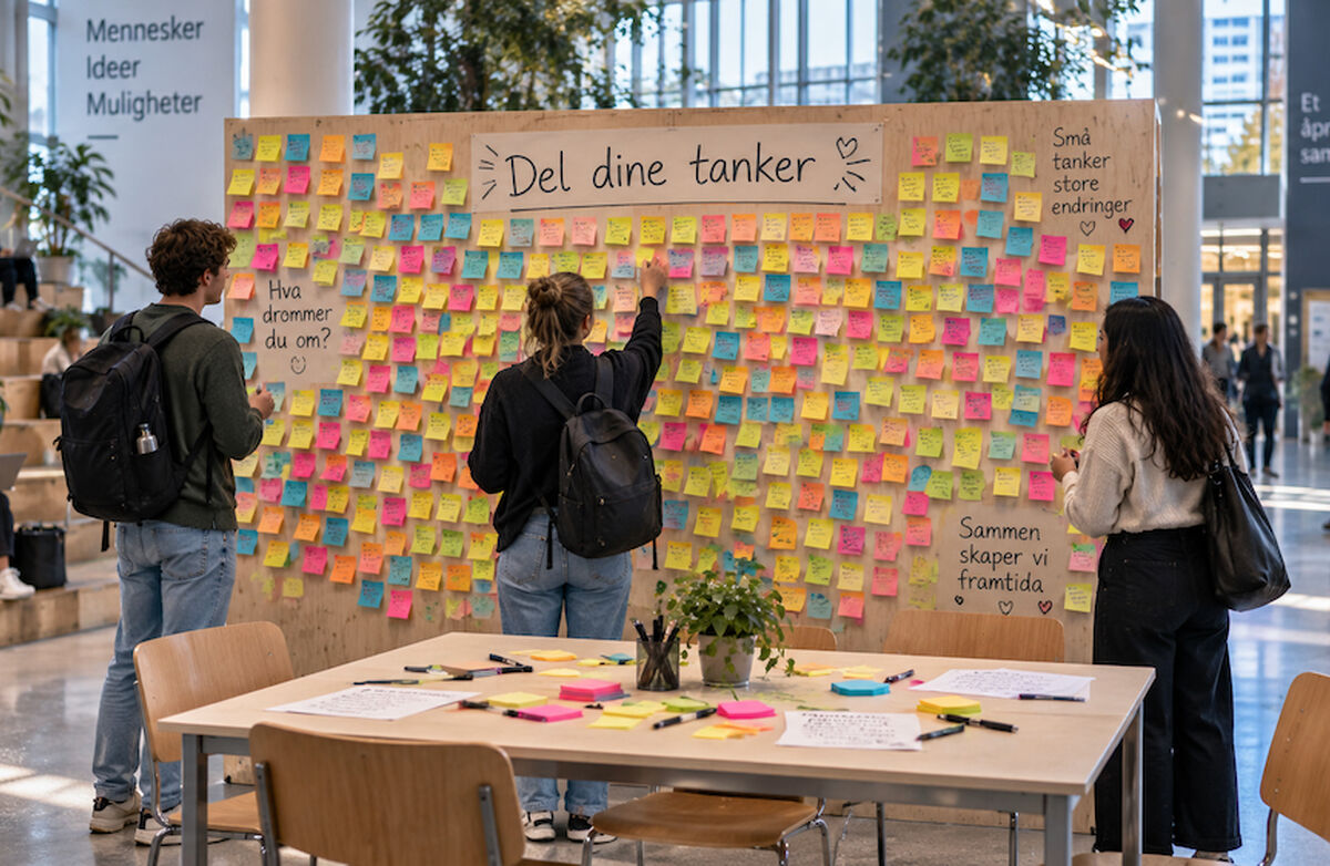 En ny tilnærming må bygges på en åpen og ærlig diskusjon om hvilke verdier vi som samfunn vil legge til grunn når en maskin skal settes i stand til å vurdere våre rettigheter som borgere. Foto: KI-generert Del dine tanker på idéveggen. Ungdom foran en stor tavle med masse lapper i ulike farger.