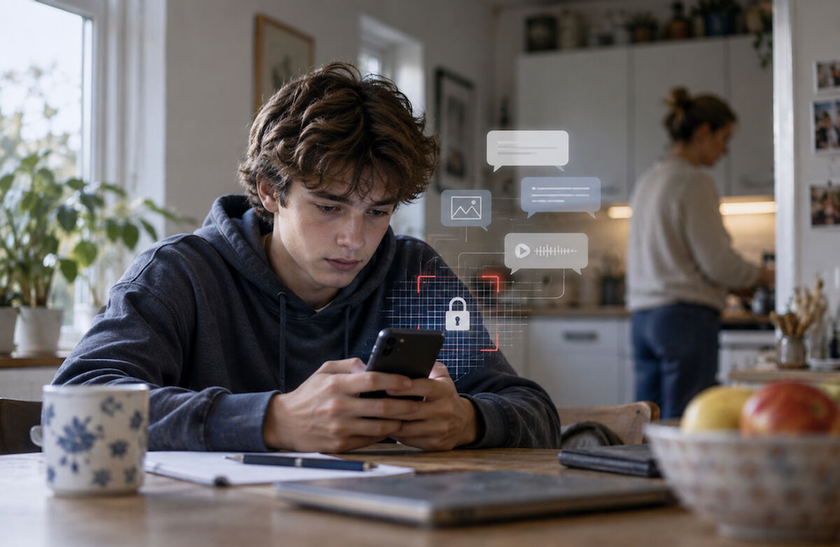 Det treng ikkje vere ei motsetting mellom tryggleiken til barn på internett og godt personvern, skriver Svein Gjørtz. Foto: KI-generert En tenåringsgutt sitter ved kjøkkenbordet med mobilen. Digitale chatbobler og et låsikon symboliserer personvern og overvåking, mens en voksen står uskarpt i bakgrunnen.