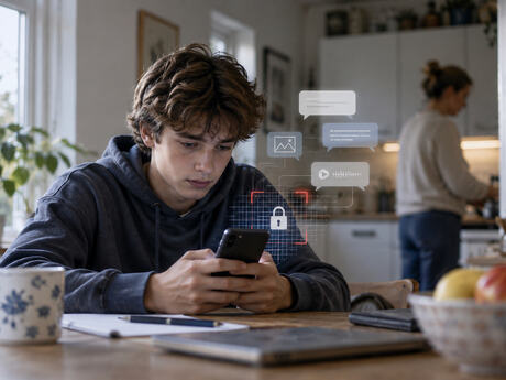 En tenåringsgutt sitter ved kjøkkenbordet med mobilen. Digitale chatbobler og et låsikon symboliserer personvern og overvåking, mens en voksen står uskarpt i bakgrunnen.