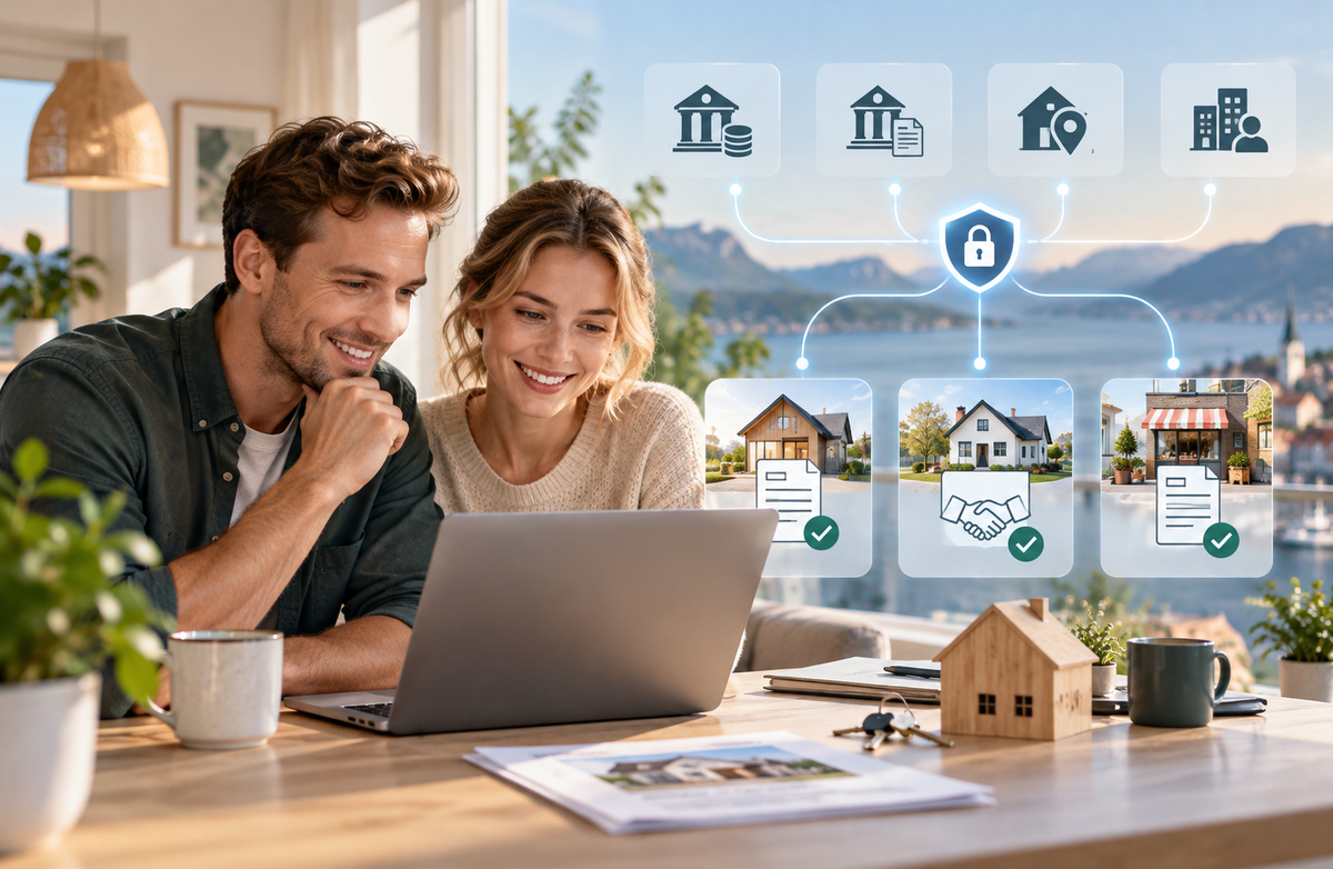 Et par bruker digitale tjenester til å planlegge boligkjøp. Illustrasjonen viser hvordan trygg datadeling mellom banker og offentlige virksomheter forenkler boliglån, eiendomshandel og selskapsetablering.